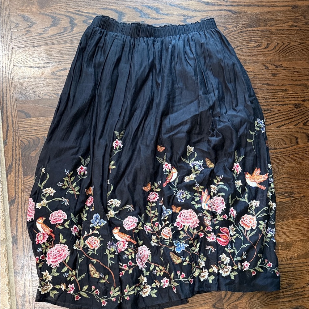 Sundance Black Skirt with Colorful Floral Embroidery